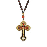 Orthodox Crucifix Necklace Wooden Rosary Beaded Chain Religious Cross Prayer