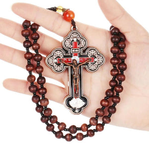 Orthodox Crucifix Necklace Wooden Rosary Beaded Chain Religious Cross Prayer