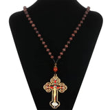 Orthodox Crucifix Necklace Wooden Rosary Beaded Chain Religious Cross Prayer
