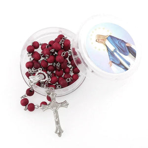 Women's Wooden Rosary Necklace Catholic Cross Pendant with Box