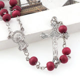Women's Wooden Rosary Necklace Catholic Cross Pendant with Box