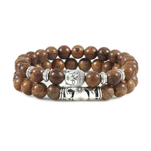 2Pcs Wooden Beaded Buddha Bracelet Set Natural Stone Bracelets Men Women