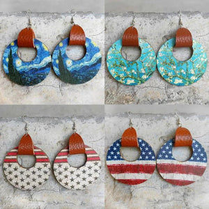 Wood Art Starry Night Earrings American Flag Circle Jewelry