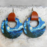 Wood Art Starry Night Earrings American Flag Circle Jewelry