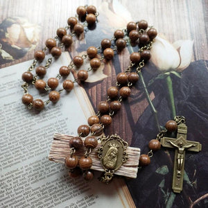 Natural Pine Wood Beads Cross Pendant Necklace for Men Women