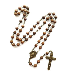 Natural Pine Wood Beads Cross Pendant Necklace for Men Women