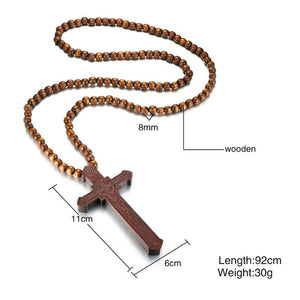Large Wood Catholic Jesus Cross Pendant Rosary Necklace