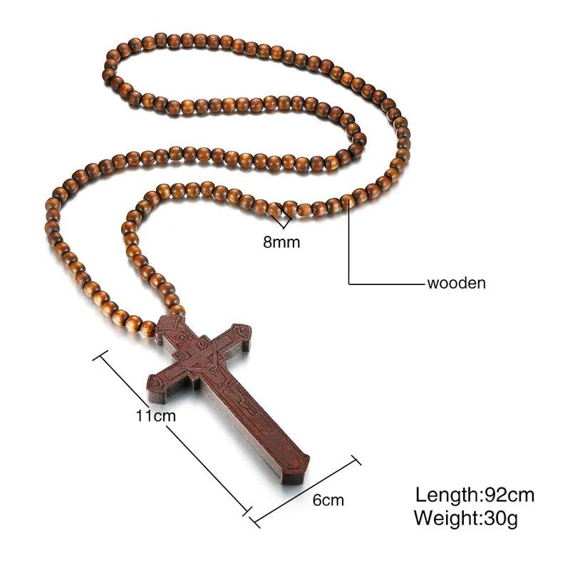 Large Wood Catholic Jesus Cross Pendant Rosary Necklace