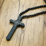 Large Wood Catholic Jesus Cross Pendant Rosary Necklace