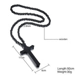 Large Wood Catholic Jesus Cross Pendant Rosary Necklace