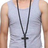 Large Wood Catholic Jesus Cross Pendant Rosary Necklace