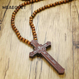 Large Wood Catholic Jesus Cross Pendant Rosary Necklace
