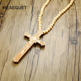 Large Wood Catholic Jesus Cross Pendant Rosary Necklace