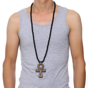 Men's Brown Wooden Ankh Cross Pendant Necklace Hip Hop Egyptian Jewelry