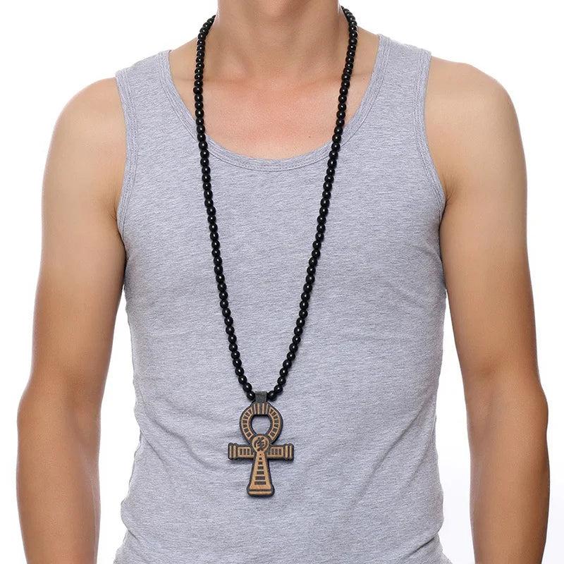 Men's Brown Wooden Ankh Cross Pendant Necklace Hip Hop Egyptian Jewelry