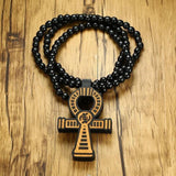 Men's Brown Wooden Ankh Cross Pendant Necklace Hip Hop Egyptian Jewelry