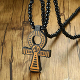 Men's Brown Wooden Ankh Cross Pendant Necklace Hip Hop Egyptian Jewelry