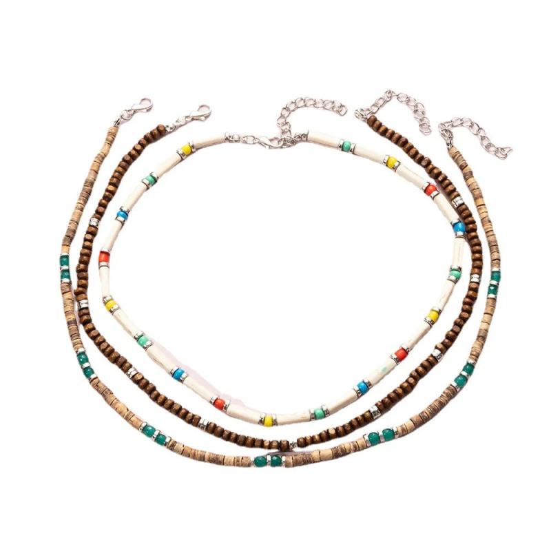 Boho Layered Wooden Bead Necklace Set Vintage Choker Jewelry