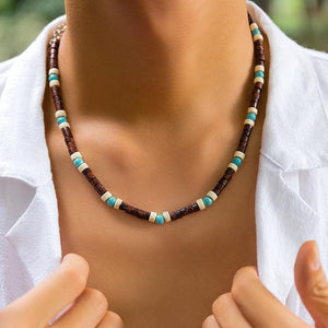 Bohomia Green Stone Choker Men's Necklace Vintage Wood Beads Short Chain