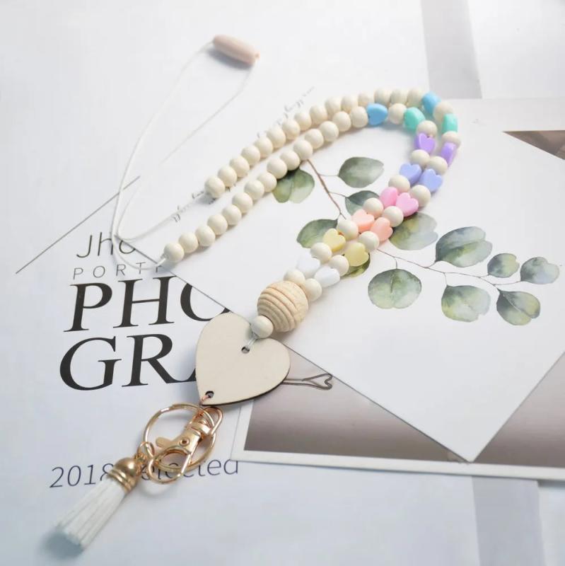 Heart Beads Keychain Pendent Wooden Lanyards Id Badges Boho Nurse Jewelry