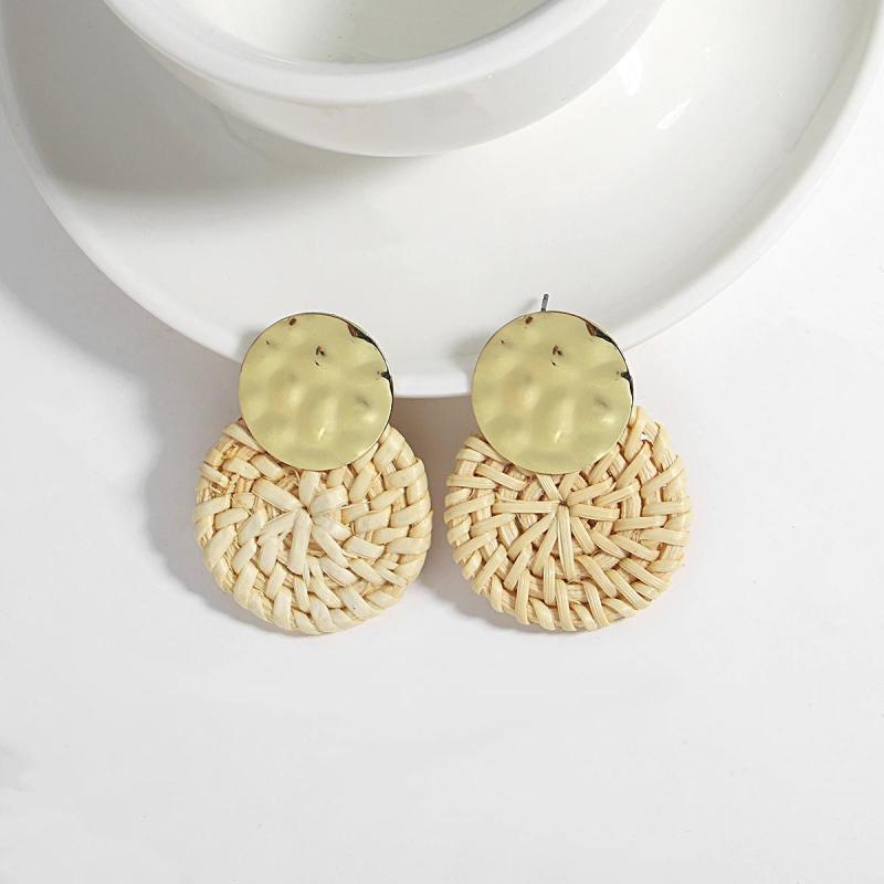 Bohemia Wooden Earrings Vintage Straw Weave Round Wood Ge