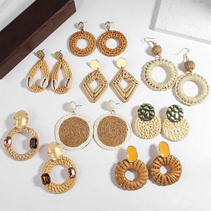 Bohemia Wooden Earrings Vintage Straw Weave Round Wood Ge