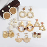 Bohemia Wooden Earrings Vintage Straw Weave Round Wood Ge