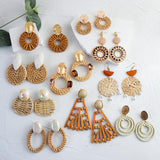 Bohemia Wooden Earrings Vintage Straw Weave Round Wood Ge