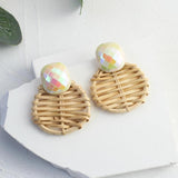 Bohemia Wooden Earrings Vintage Straw Weave Round Wood Ge
