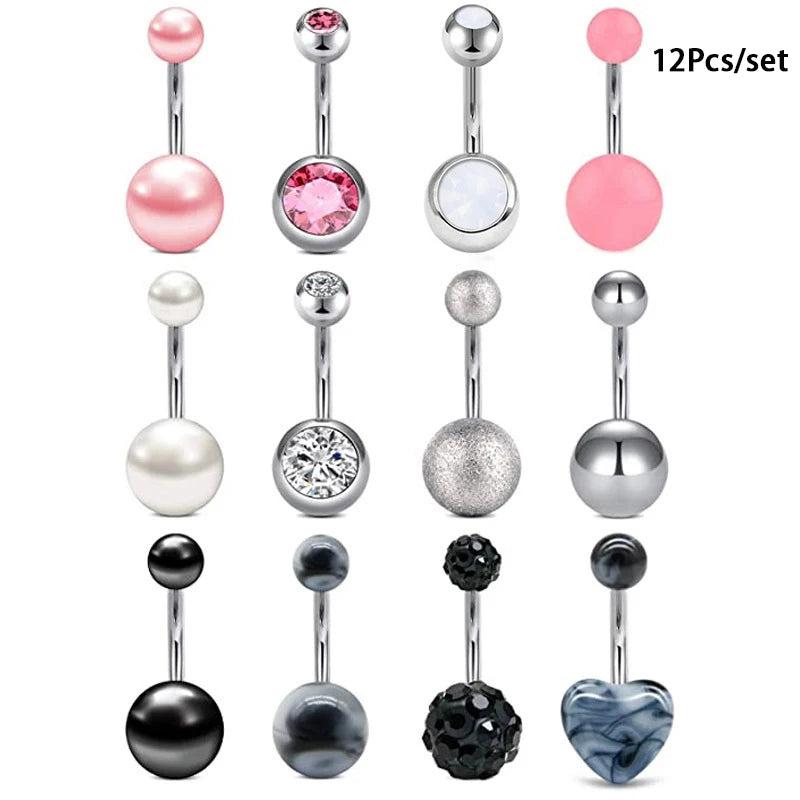 12pc Dangle Belly Ring Pack 14G Navel Piercing Bulk Sexy Belly Ring Set