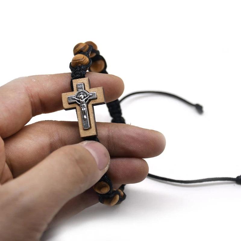 Cross Bracelet Pine Beads Weaving Knot Rosary Saint