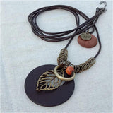 Vintage Long Necklace Wood Rope Leather Bead Leaf Jewelry