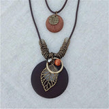 Vintage Long Necklace Wood Rope Leather Bead Leaf Jewelry