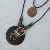Vintage Long Necklace Wood Rope Leather Bead Leaf Jewelry