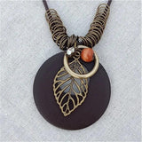 Vintage Long Necklace Wood Rope Leather Bead Leaf Jewelry