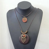 Vintage Long Necklace Wood Rope Leather Bead Leaf Jewelry