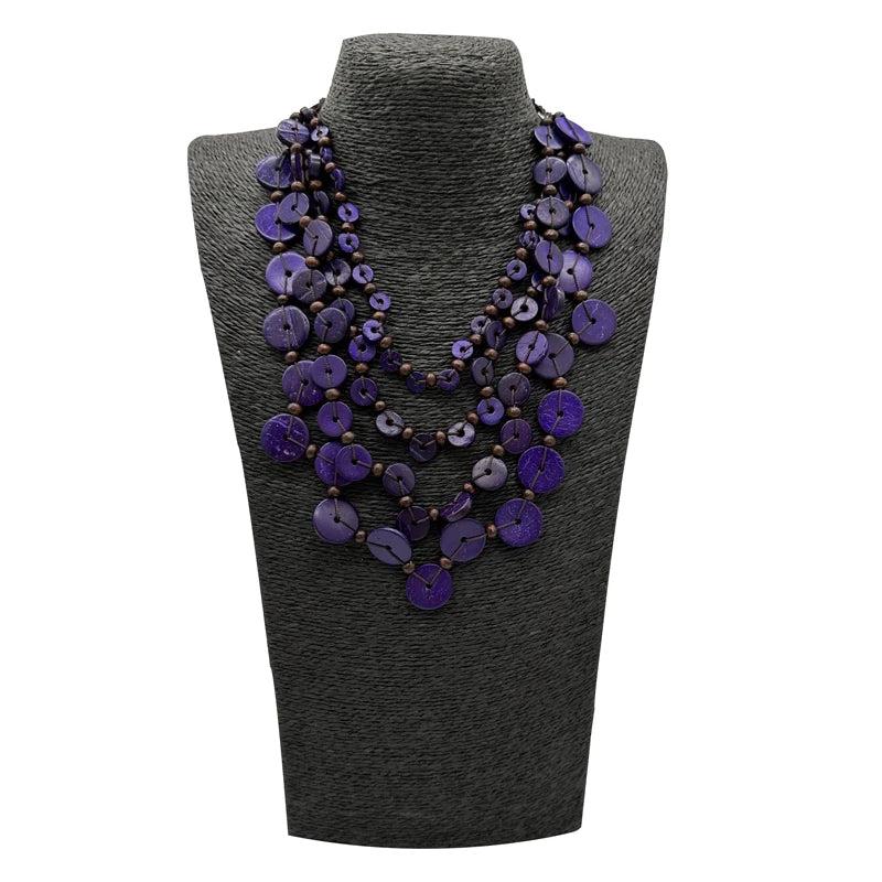 Bohemia Necklace Purple Beads Wood Pendant Long Layer