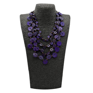 Bohemia Necklace Purple Beads Wood Pendant Long Layer