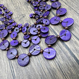 Bohemia Necklace Purple Beads Wood Pendant Long Layer