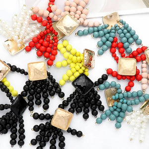 Wooden Beaded Chain Drop Earrings Women's High Jewelry