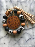 MAMA Wood Chip Pendant Leopard Pattern Bracelet Keychain