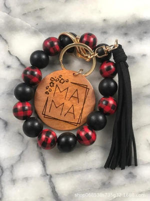MAMA Wood Chip Pendant Leopard Pattern Bracelet Keychain