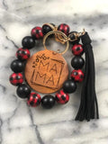 MAMA Wood Chip Pendant Leopard Pattern Bracelet Keychain