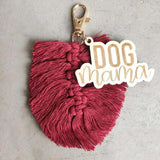 Boho Macrame Tassel Dog MAMA Keychain Engraved Wood Mom Keychain