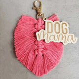 Boho Macrame Tassel Dog MAMA Keychain Engraved Wood Mom Keychain