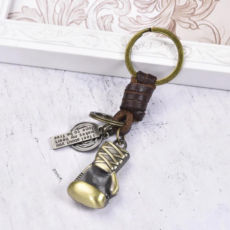 Vintage Boxing Gloves Cowhide Keychain Handwoven Car Key Pendant