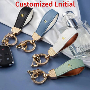 Metal Leather Car Key Chain Pendant Split Keychain Rhinestone Ring