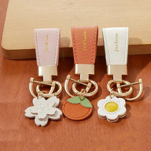 Metal Short Leather Flower Orange Keychain for Woman Girl