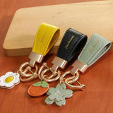 Metal Short Leather Flower Orange Keychain for Woman Girl