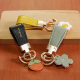Metal Short Leather Flower Orange Keychain for Woman Girl